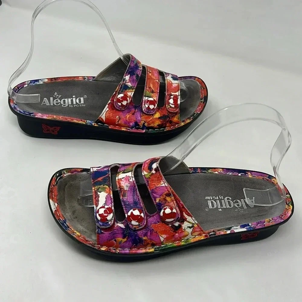 Alegría Fiona Iris Colorful Floral Leather Adjustable 3 Strap Slip-On Sandals 37